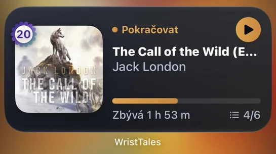 Widget WristTales na ploše s odznakem 20 v levém horním rohu obalu knihy