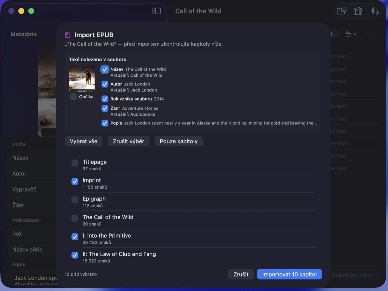 Dialog „Import EPUB“ ve WristTales Binderu: sekce „Také nalezeno v souboru“ s obálkou, autorem, rokem, žánrem a popisem, pod ní zaškrtávací seznam nalezených kapitol.